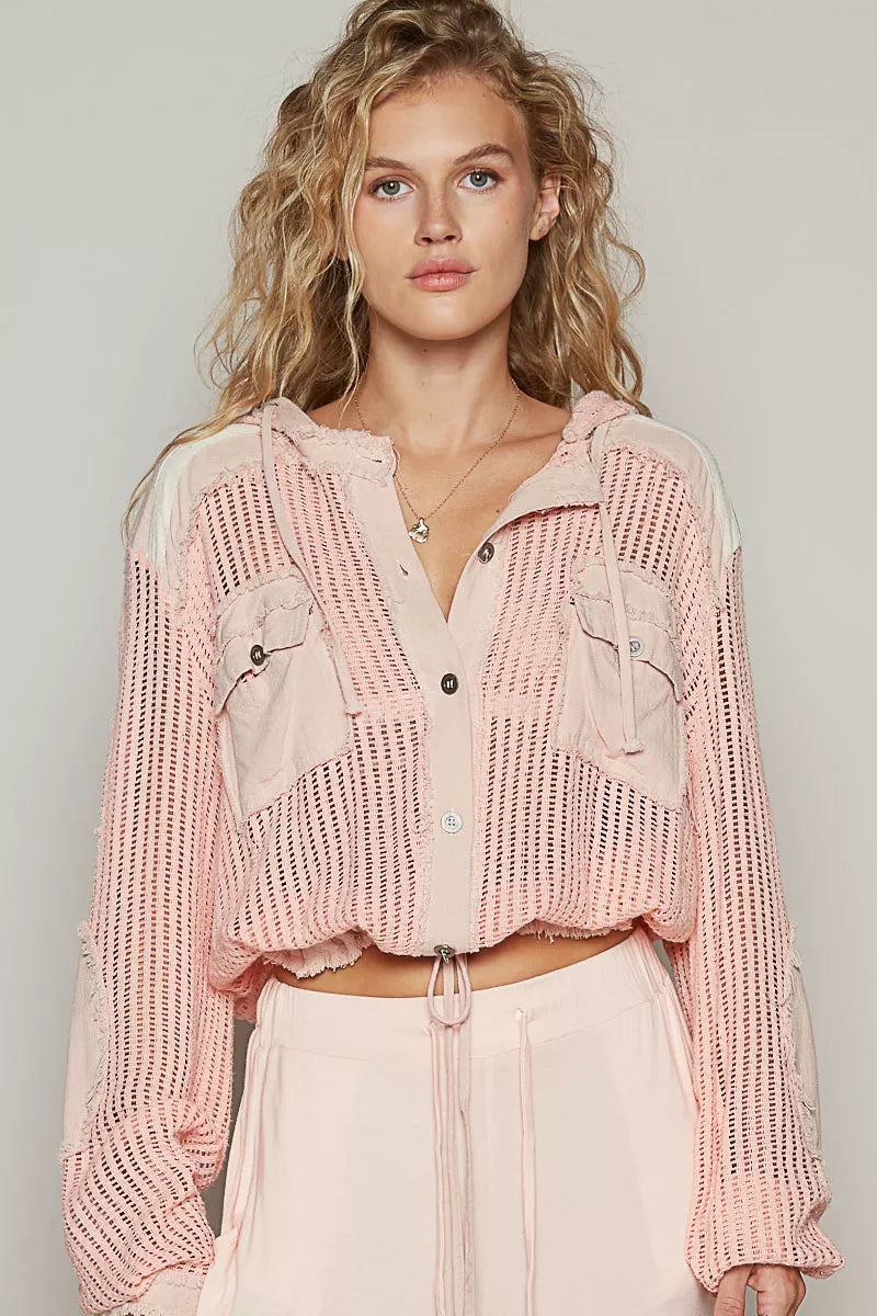 PEACH MULTI POL Texture Woven Button Down Hooded Shirt with Drawstring Hem | Shirts Daverri Fashions