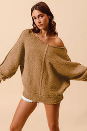 SO ME Loose Fit Exposed Seam Slouchy Boucle Sweater Taupe | Sweaters Daverri Fashions