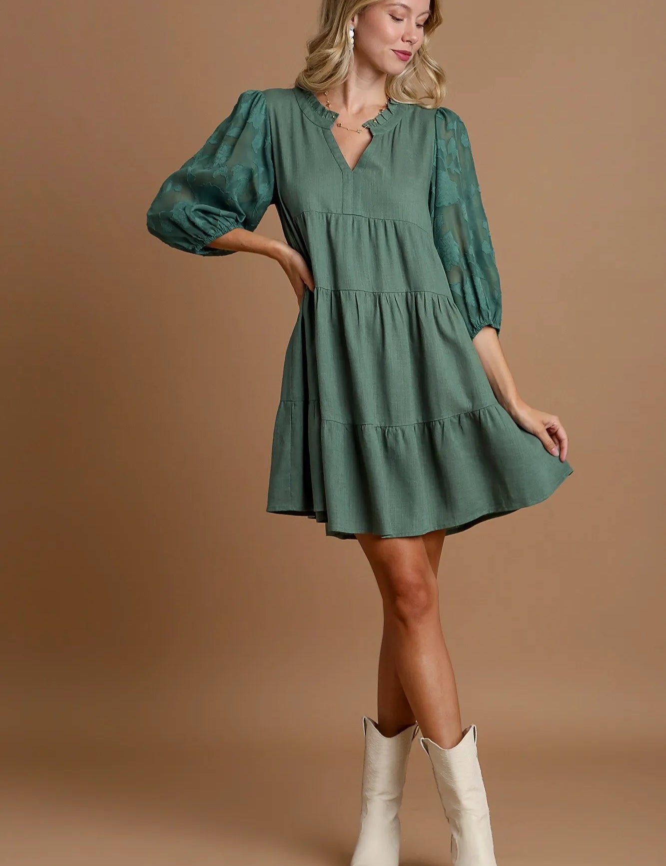 Umgee Floral Contrast Sleeve Tiered Dress | Daverri Fashions