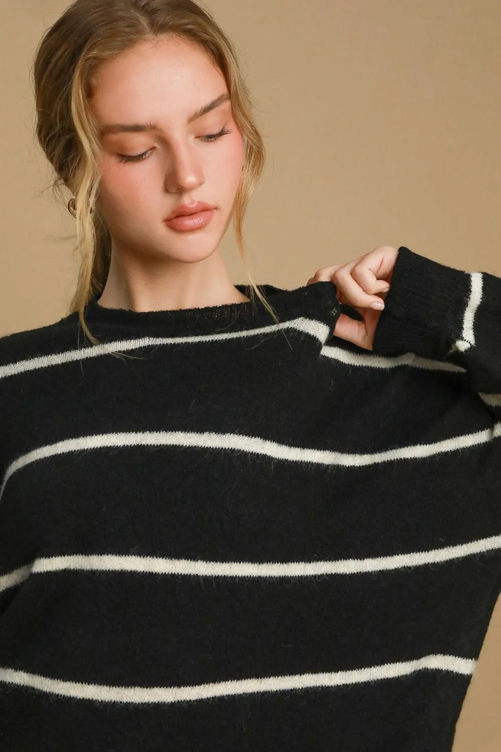 Umgee Wool Blend Striped Round Neck Sweater | Sweaters Daverri Fashions