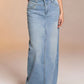 Raw hem maxi denim skirt in light-wash with straight-leg cut and frayed hem