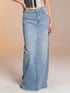Raw hem maxi denim skirt in light-wash with straight-leg cut and frayed hem