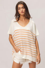 BiBi V Neck Striped Short Sleeve Top Shirts & Tops