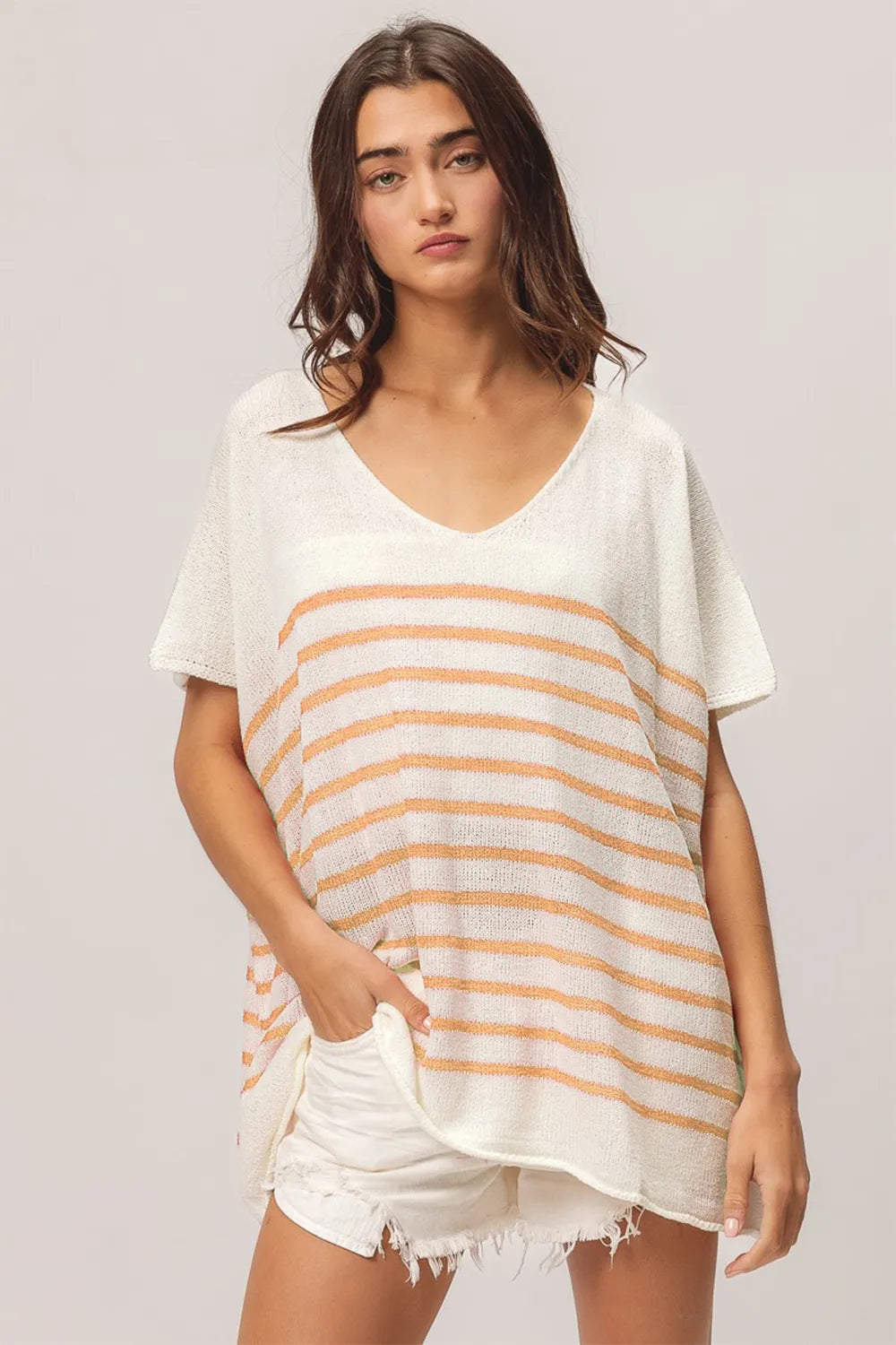 BiBi V Neck Striped Short Sleeve Top Size XL Tops