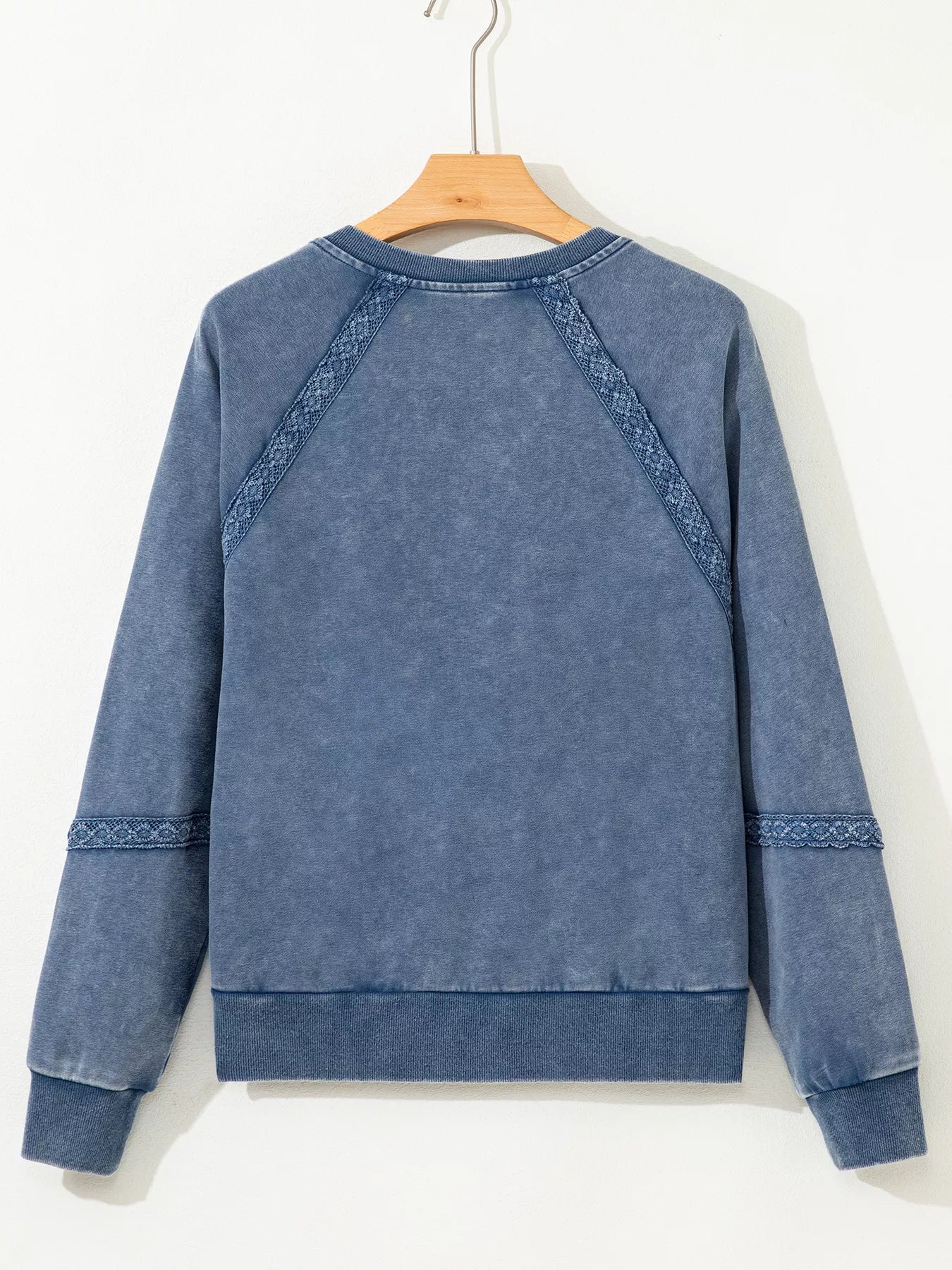 Blue mineral wash baggy sweatshirt with lace patchwork trim