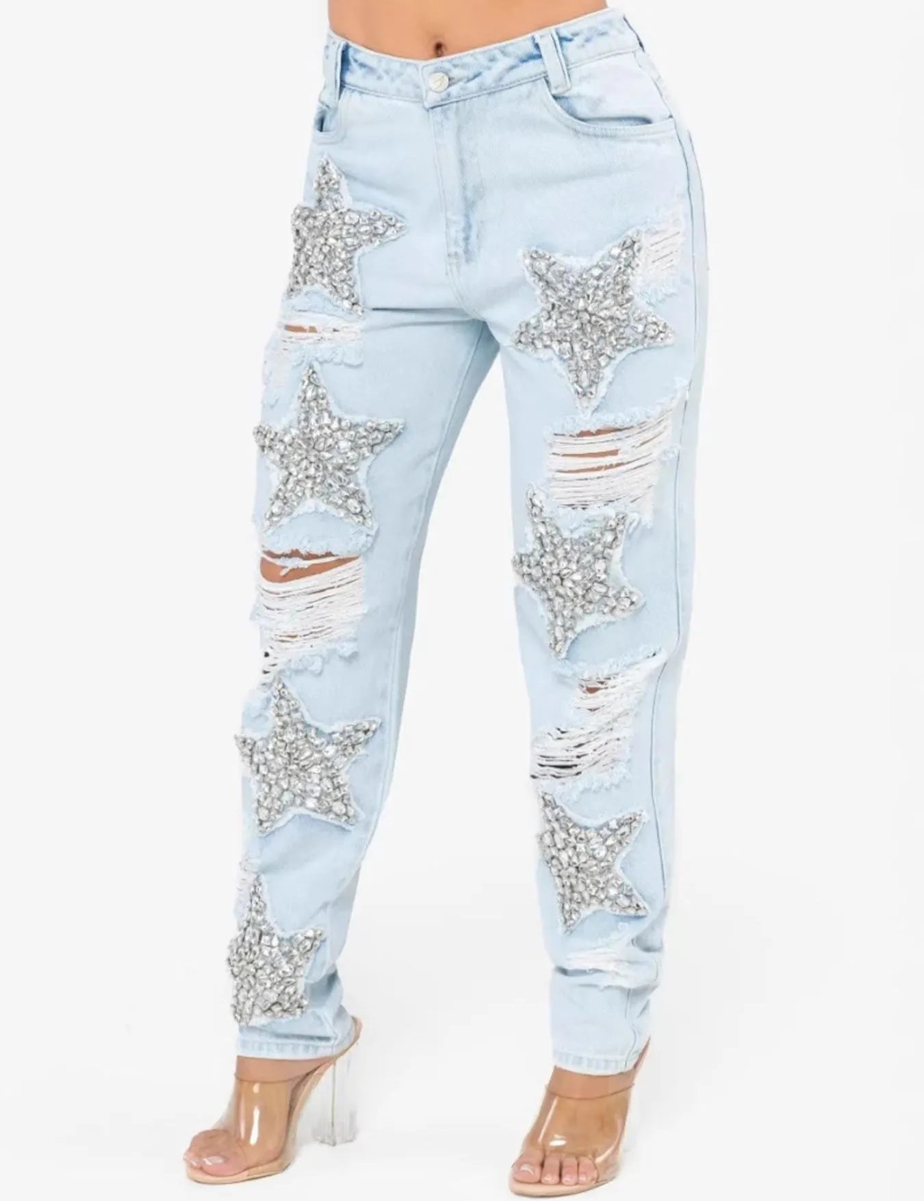Blue Distressed Star Wash Boyfriend Jeans | Jeans Daverri Fashions