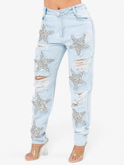 Blue Distressed Star Wash Boyfriend Jeans | Jeans Daverri Fashions