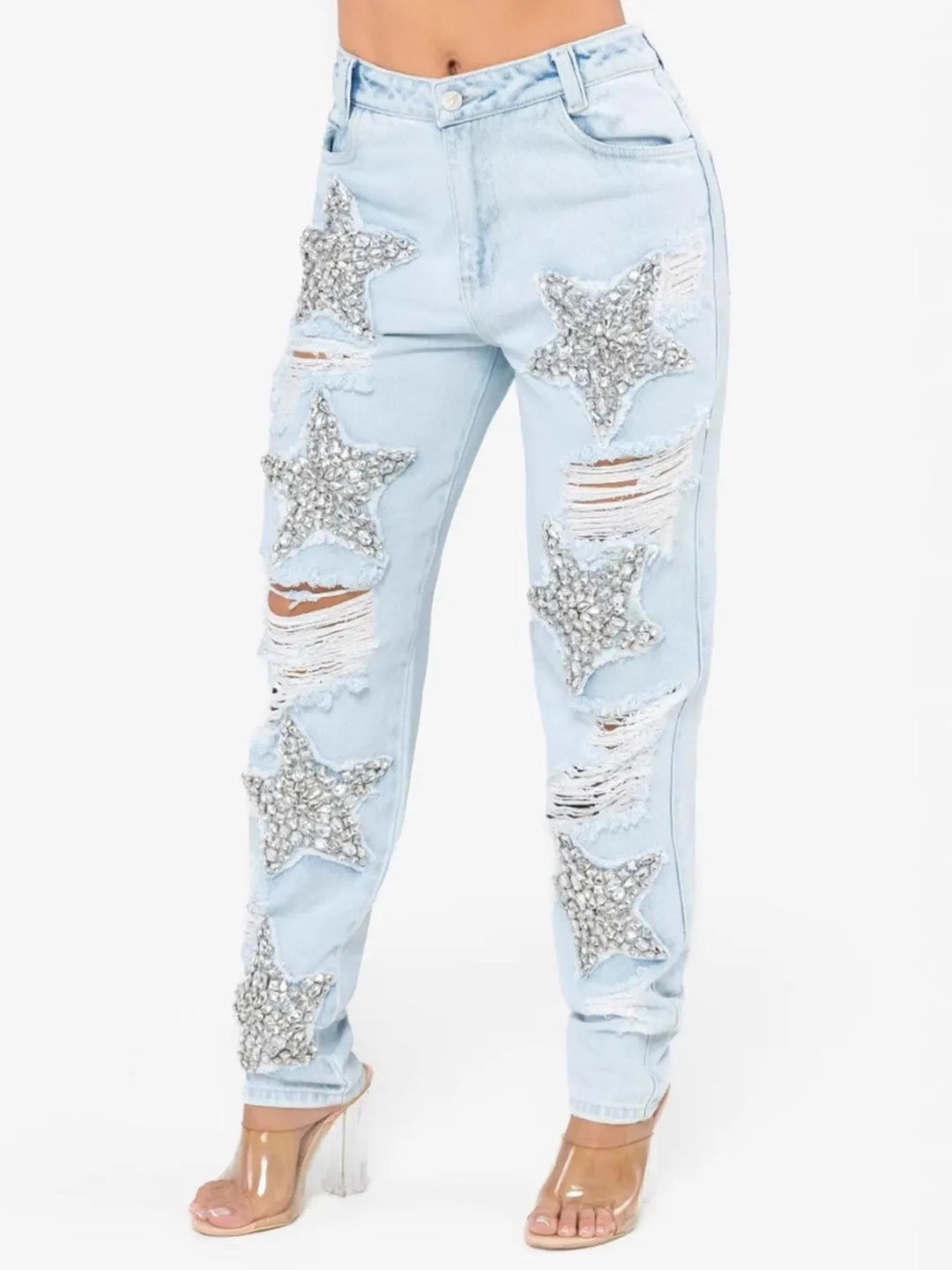 Blue Distressed Star Wash Boyfriend Jeans | Jeans Daverri Fashions