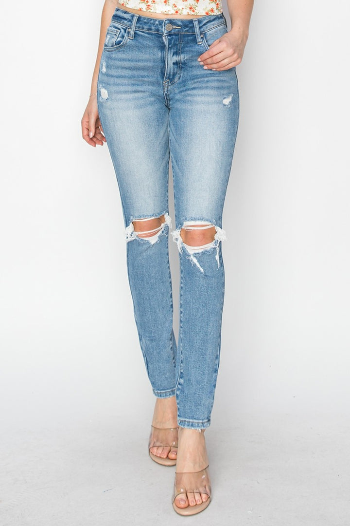 Risen Full Size High Rise Knee Distressed Skinny Jeans Light Jeans