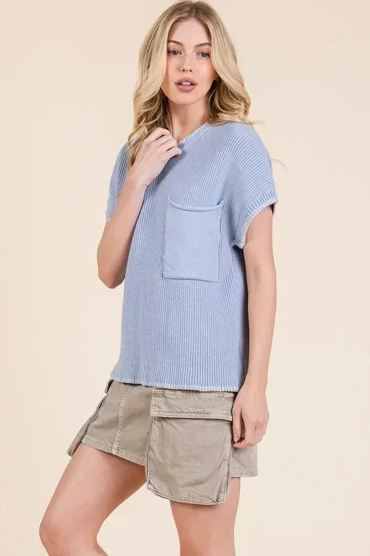 Lime 'N' Chili Solid Cap Sleeve Stitch Edge Knit Sweater - DAVERRI FASHIONS