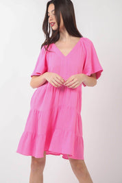 VERY J Texture V-Neck Ruffled Tiered Dress Pink M Midi Dresses