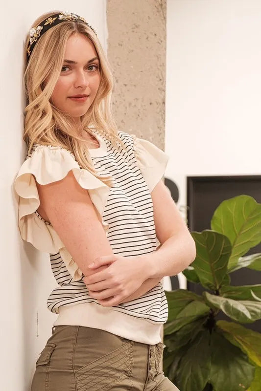 Lime 'N' Chili Striped Contrast Ruffle Detail Sleeveless Top