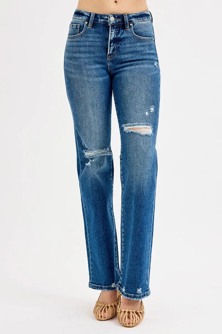 RISEN Full Size Tummy Control High Rise Straight Distressed Jeans Plus Size | Jeans Daverri Fashions