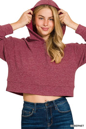 Drop Shoulder Ribbed Crop Hoodie Cabernet | Hoodies Daverri Fashions