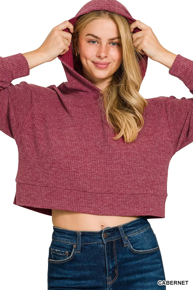 Drop Shoulder Ribbed Crop Hoodie Cabernet | Hoodies Daverri Fashions