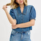 RISEN Button Down Puff Sleeve Crop Denim Shirt - DAVERRI FASHIONS
