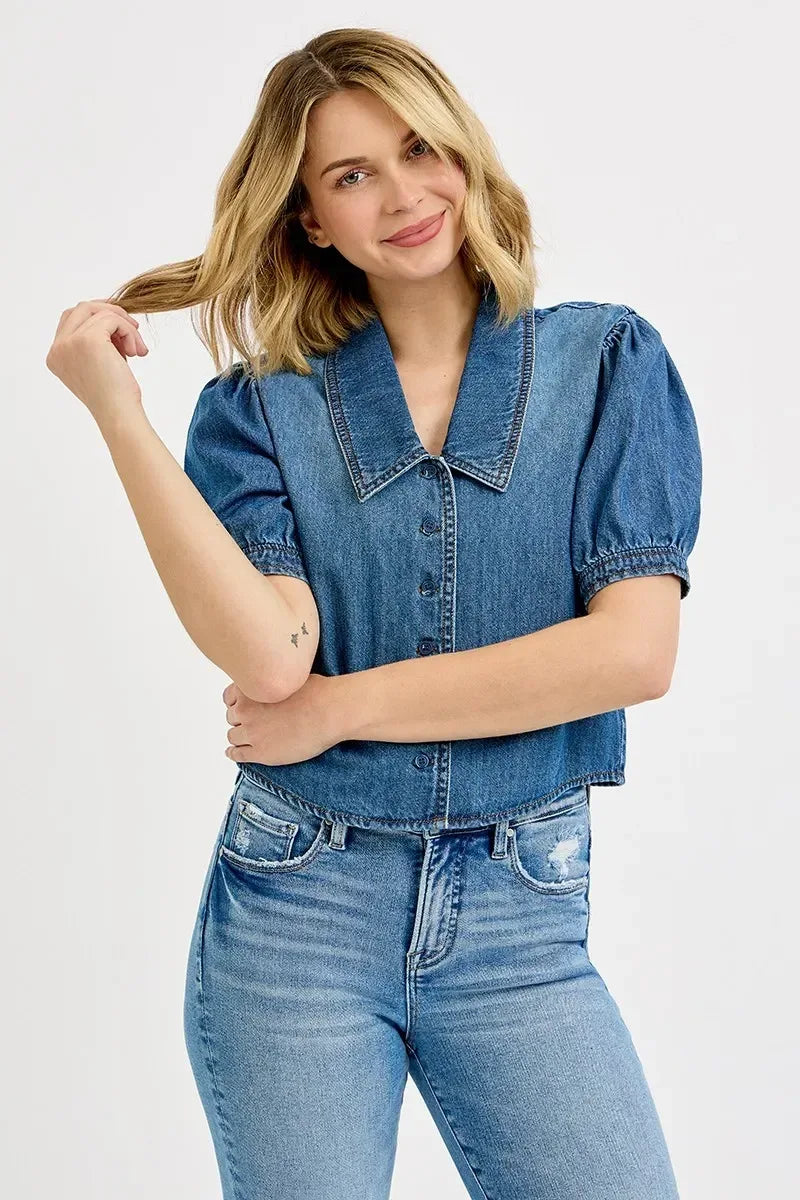 RISEN Button Down Puff Sleeve Crop Denim Shirt - DAVERRI FASHIONS