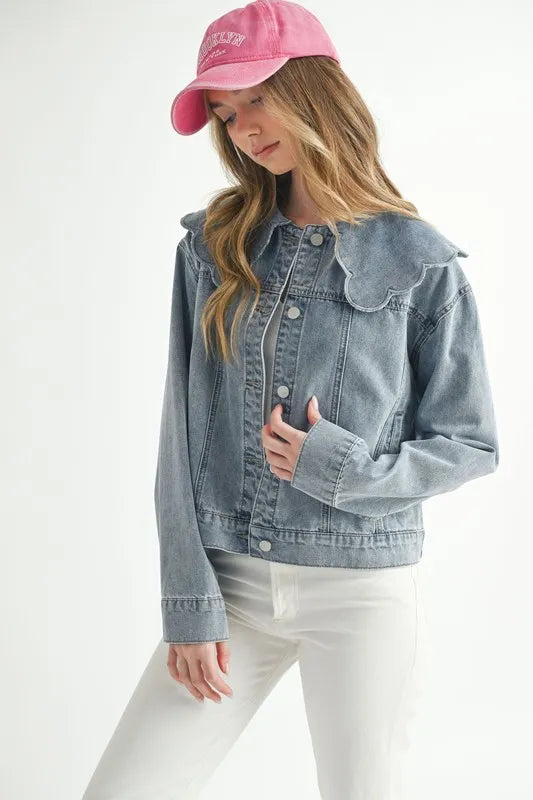 MABLE Scallop Peter Pan Collar Denim Jacket
