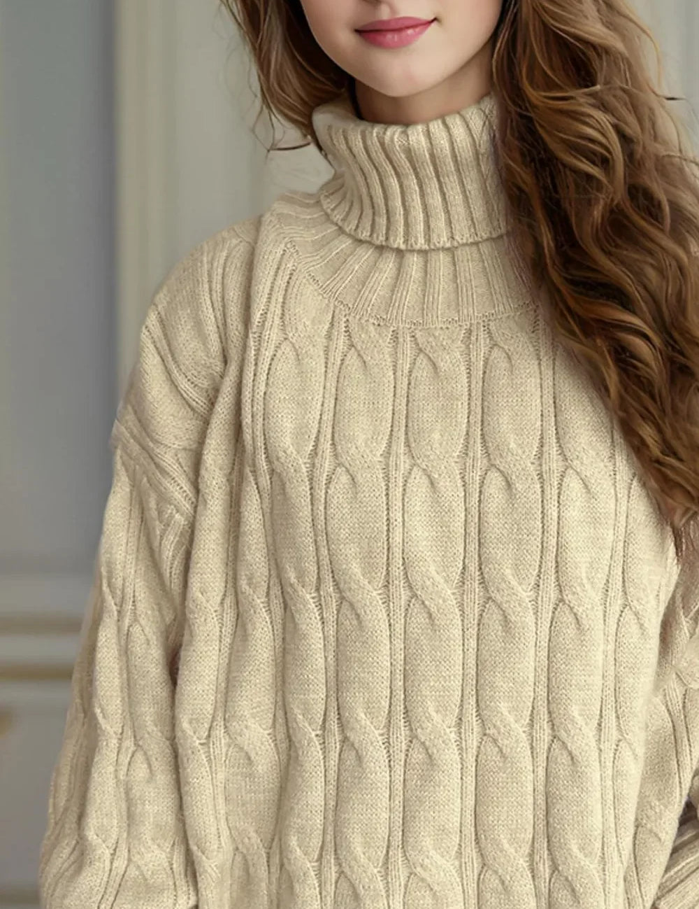Cream cable-knit turtleneck sweater with ribbed details and long sleeves