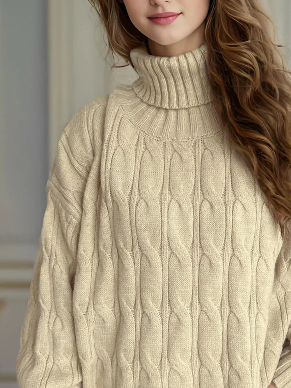 Cream cable-knit turtleneck sweater with ribbed details and long sleeves