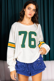 Number 76 Printed Retro Sporty Long Sleeve Top | Tops Daverri Fashions