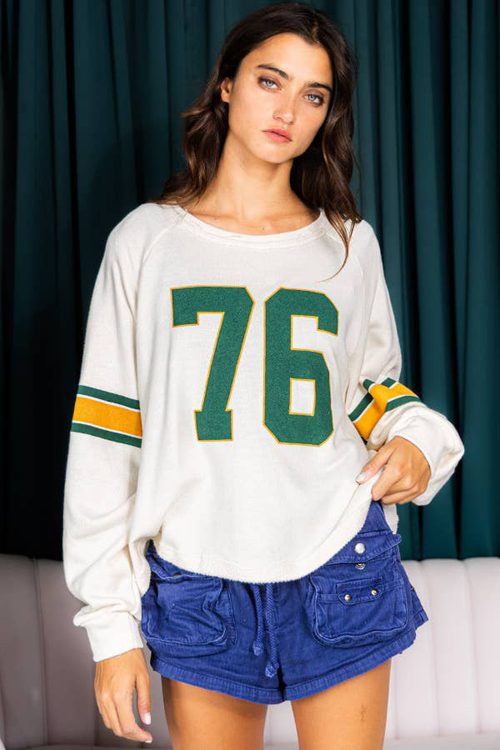 White Number 76 Printed Retro Sporty Long Sleeve Top | Tops/Long Sleeve Tops Daverri Fashions