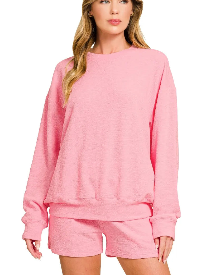 DK PINK Zenana Slub Long Sleeve Top and Shorts Set | Loungewear Sets Daverri Fashions