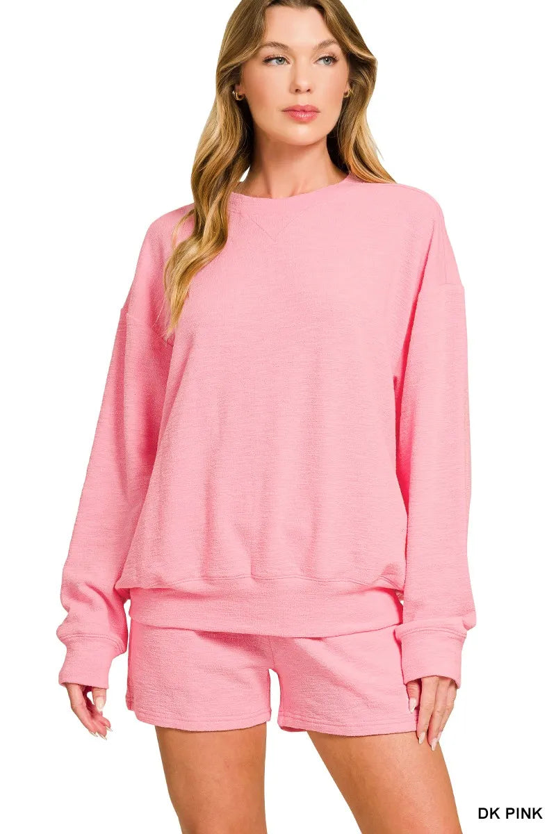 DK PINK Zenana Slub Long Sleeve Top and Shorts Set | Loungewear Sets Daverri Fashions