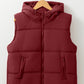 Maroon quilted drawstring zip-up hooded vest coat with front zip pockets