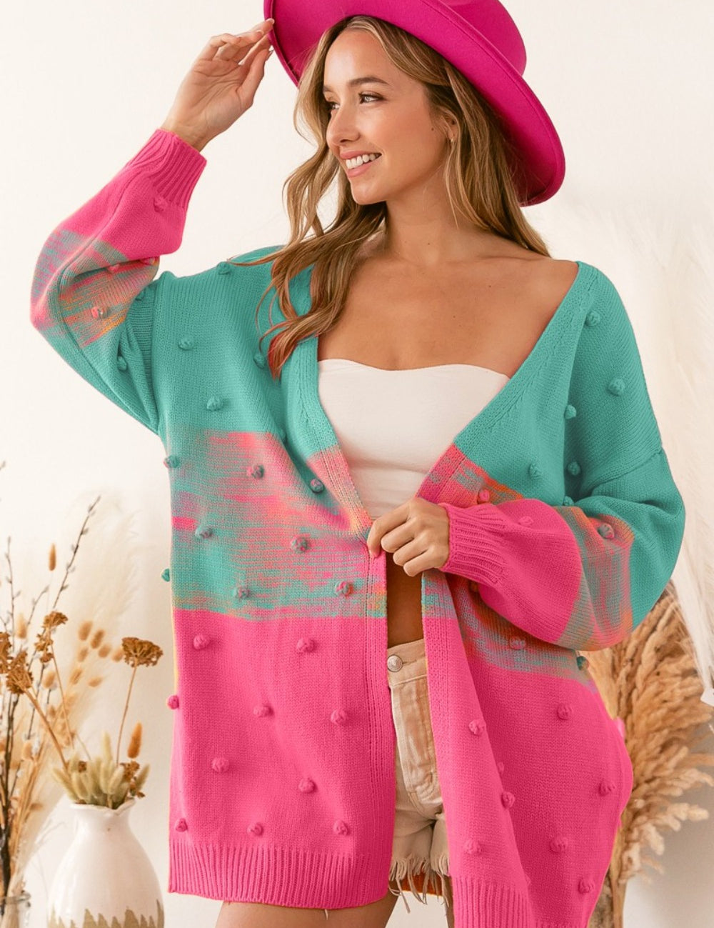 BiBi Color Block Ponpon Sweater Cardigan Turquoise Pink