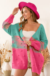 BiBi Color Block Ponpon Sweater Cardigan Turquoise Pink