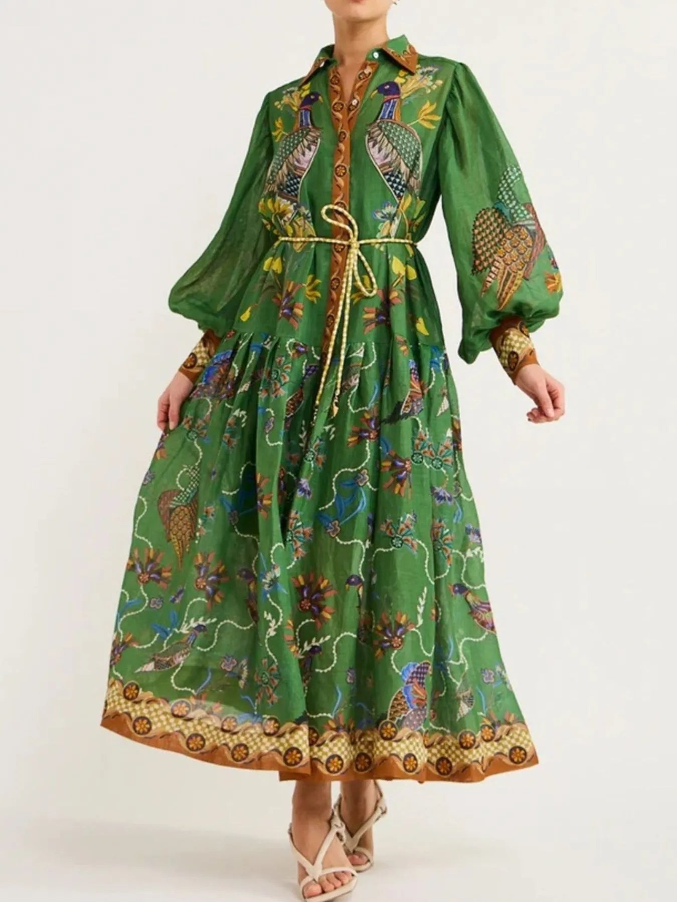 Green batik print Daverri Fashions lantern sleeve maxi shirt dress