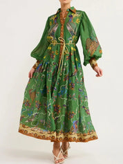 Green batik print Daverri Fashions lantern sleeve maxi shirt dress