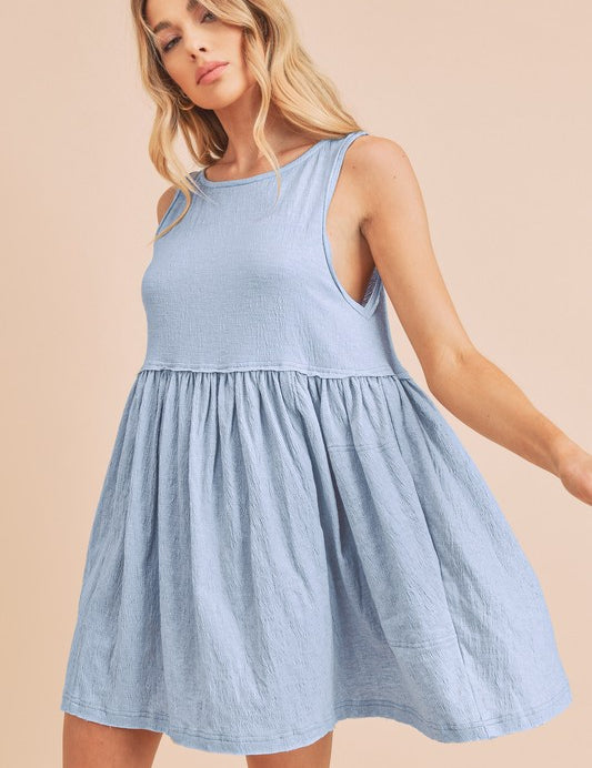 Aemi + Co Round Neck Mini Tank Dress Light Blue Tank Dresses