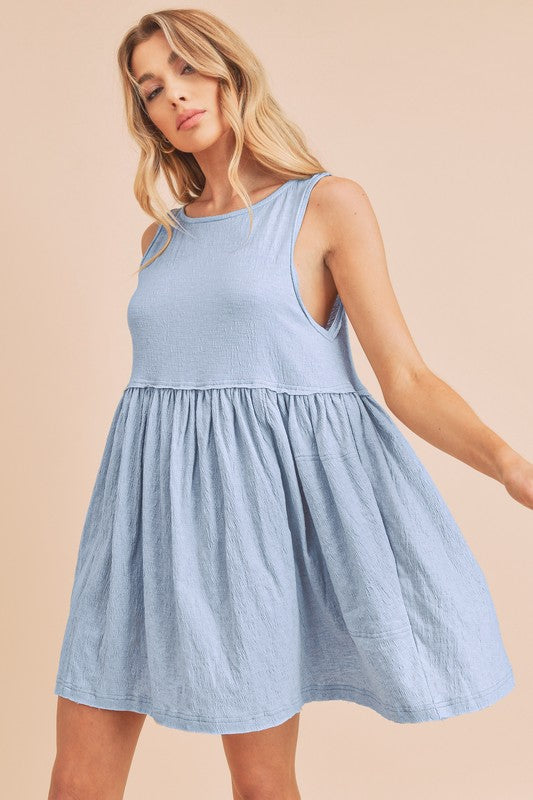 Aemi + Co Round Neck Mini Tank Dress Light Blue Tank Dresses