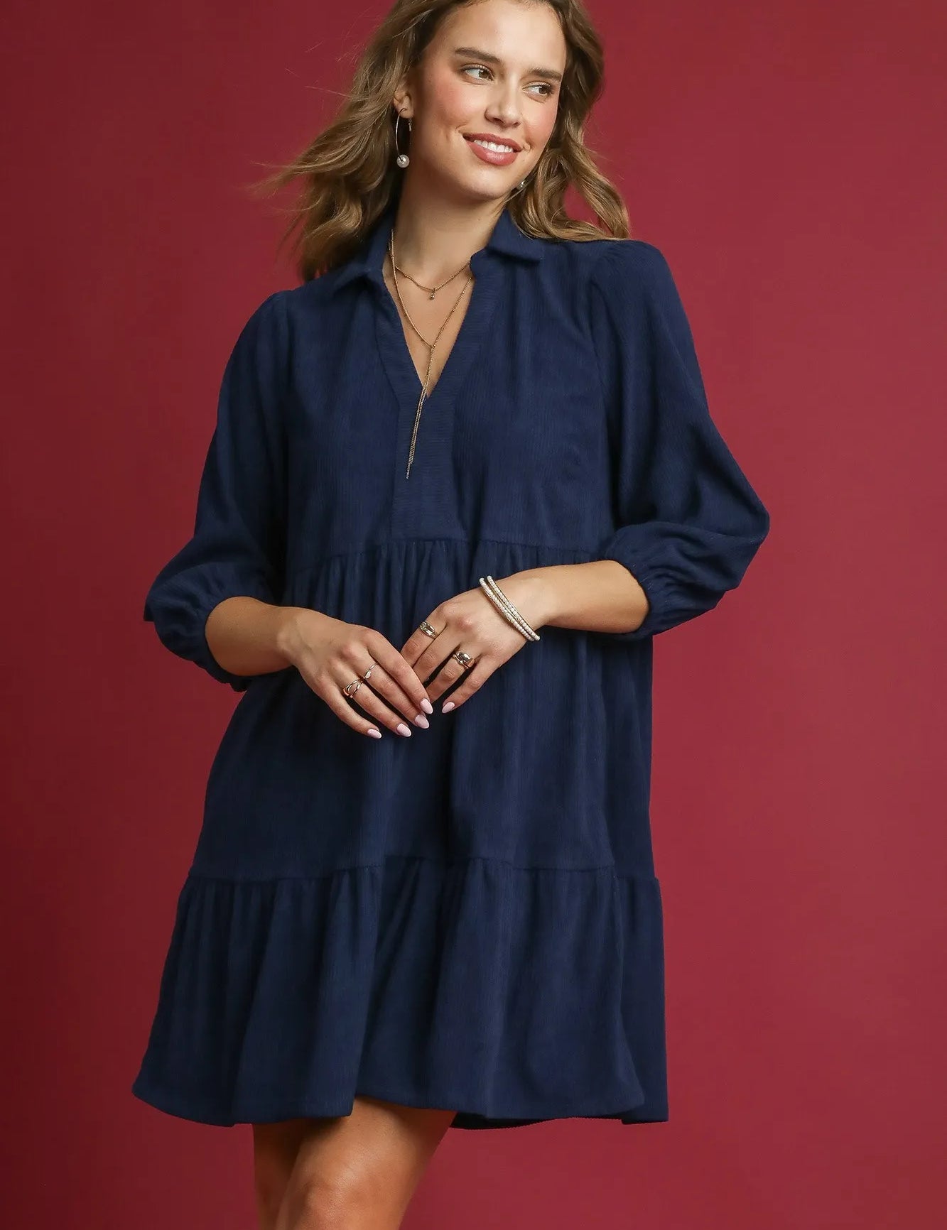 Navy Umgee Tiered Corduroy Mini Dress with Balloon Sleeves | Mini Dresses Daverri Fashions