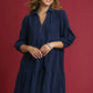 Umgee Tiered Corduroy Mini Dress with Balloon Sleeves Navy Mini Dresses