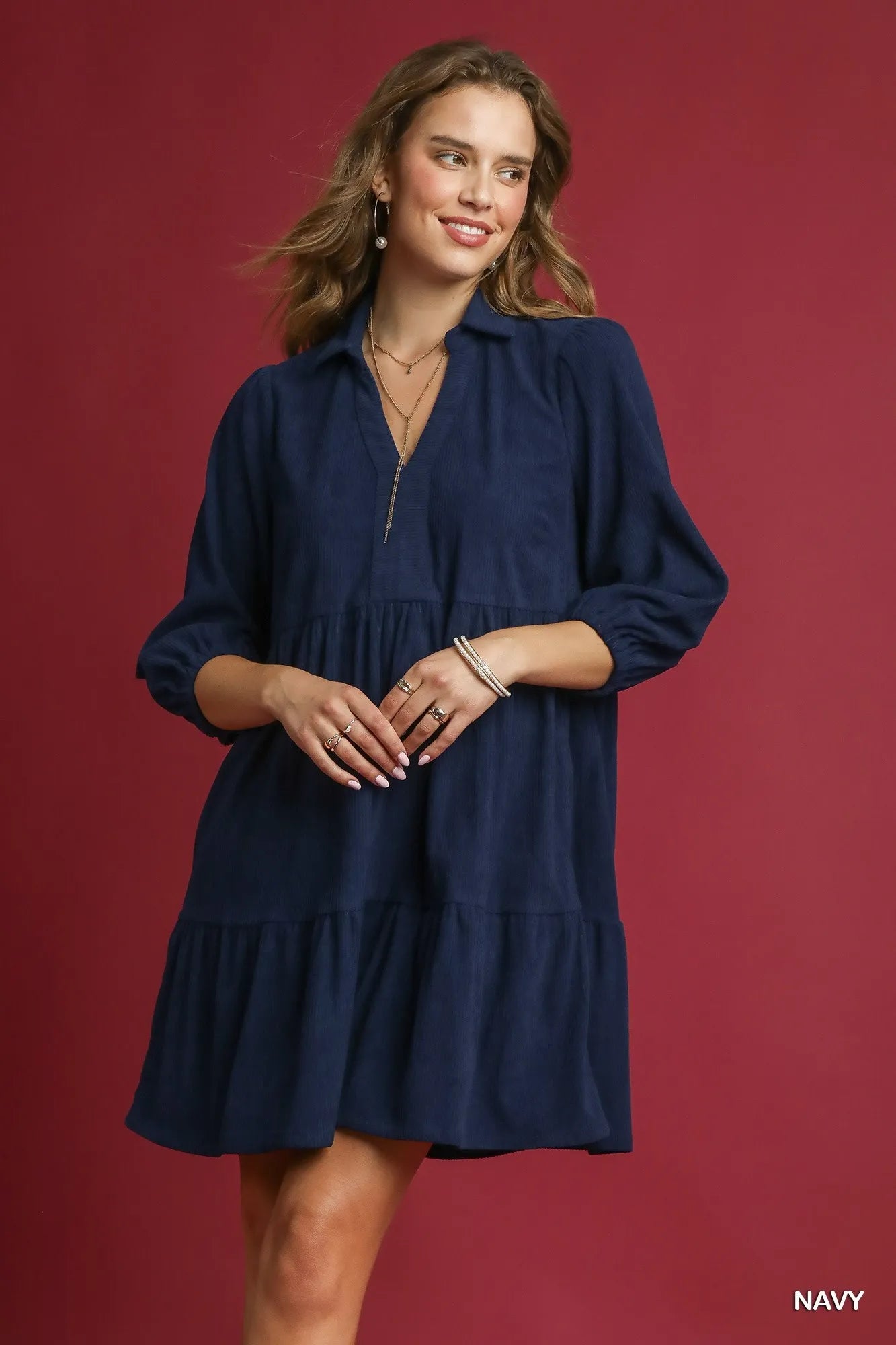 Umgee Tiered Corduroy Mini Dress with Balloon Sleeves Navy Mini Dresses