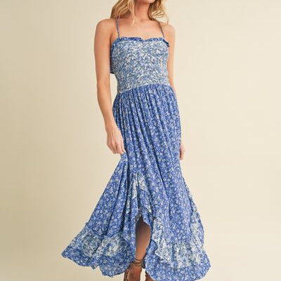 Aemi + Co Blue Ditsy Floral Ruffled Hem Maxi Cami Dress Blue Cami Dresses