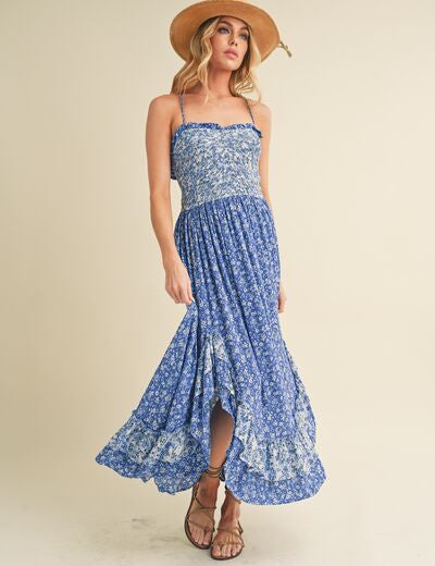 Aemi + Co Blue Ditsy Floral Ruffled Hem Maxi Cami Dress Blue Cami Dresses