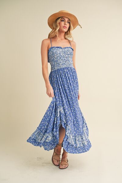 Aemi + Co Blue Ditsy Floral Ruffled Hem Maxi Cami Dress Blue Cami Dresses