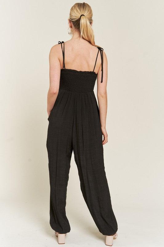 Plus Size Shoulder Tie Smocked Jumpsuit Jumpsuits