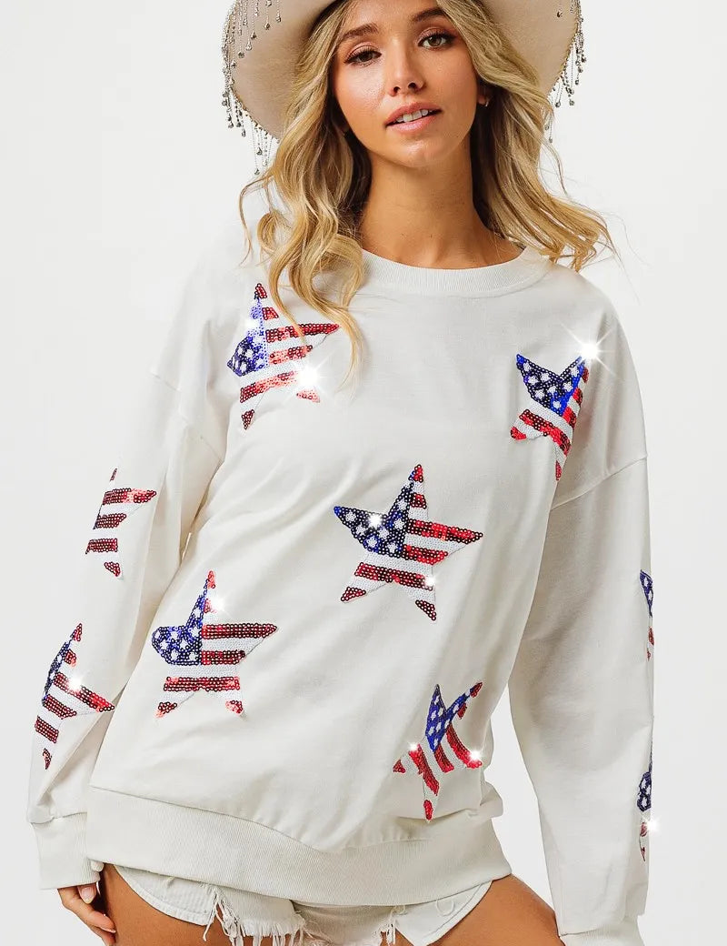 BiBi American Flag Sequin Star Sweatshirt | Sweatshirts Daverri Fashions