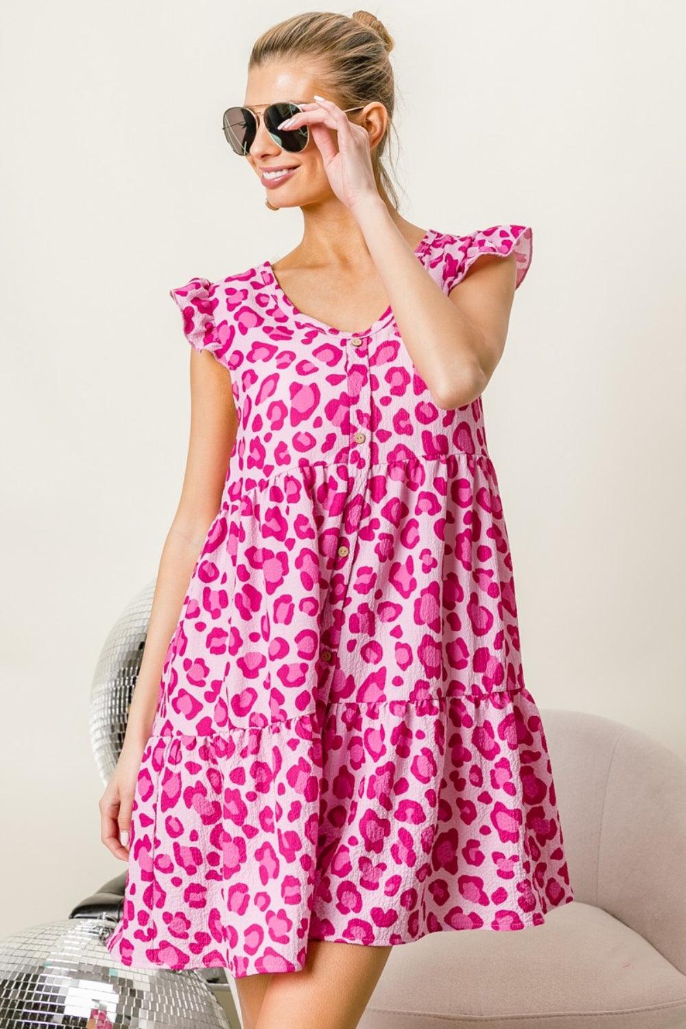 BiBi Leopard Cap Sleeve Tiered Mini Dress Mini Dresses