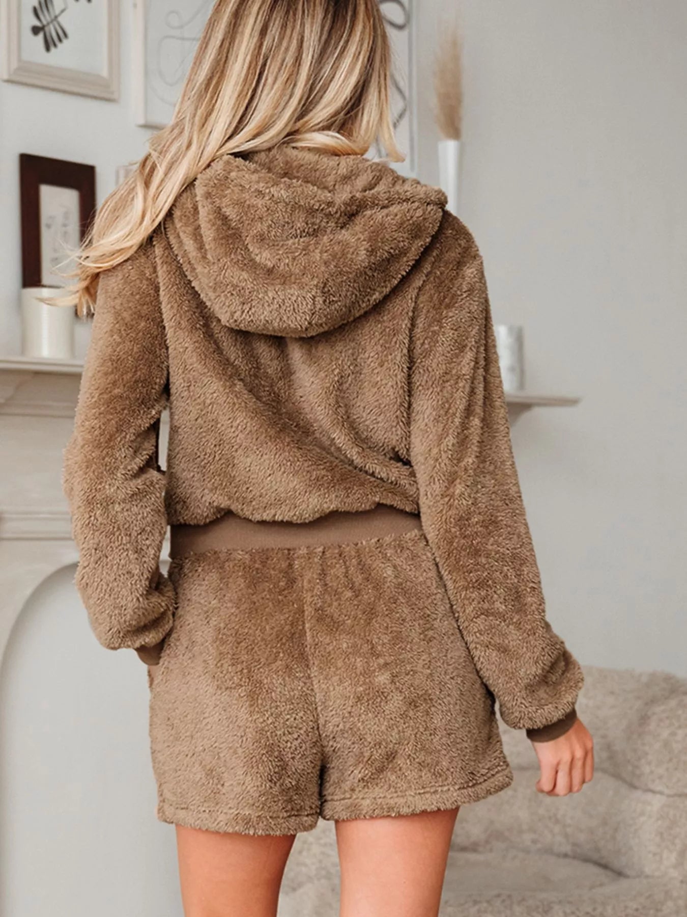 Beige plush fleece zip-up hoodie and drawstring shorts set