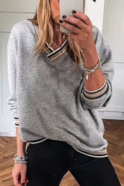 Casual V-Neck Striped Trim Pullover | Sweatshirts Daverri Fashions