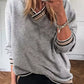 Casual V-Neck Striped Trim Pullover - DAVERRI FASHIONS