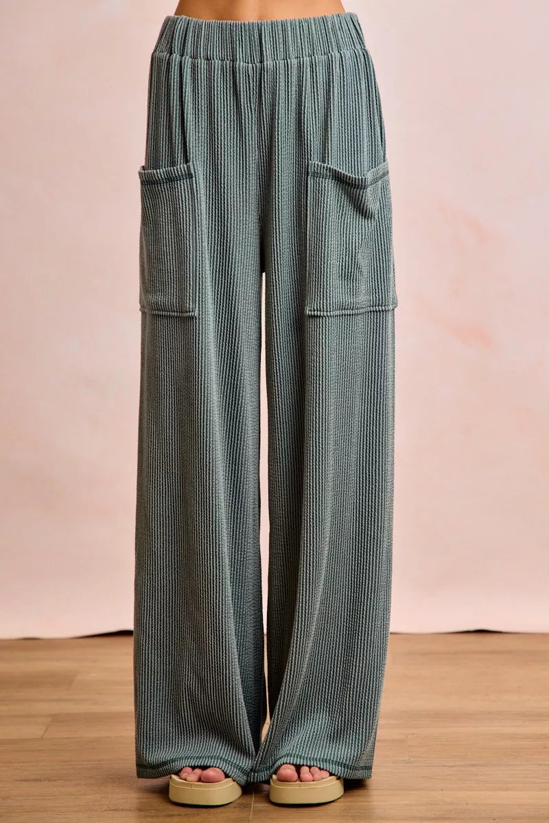 BiBi two-tone cord rib teal wide-leg pants with patch pockets