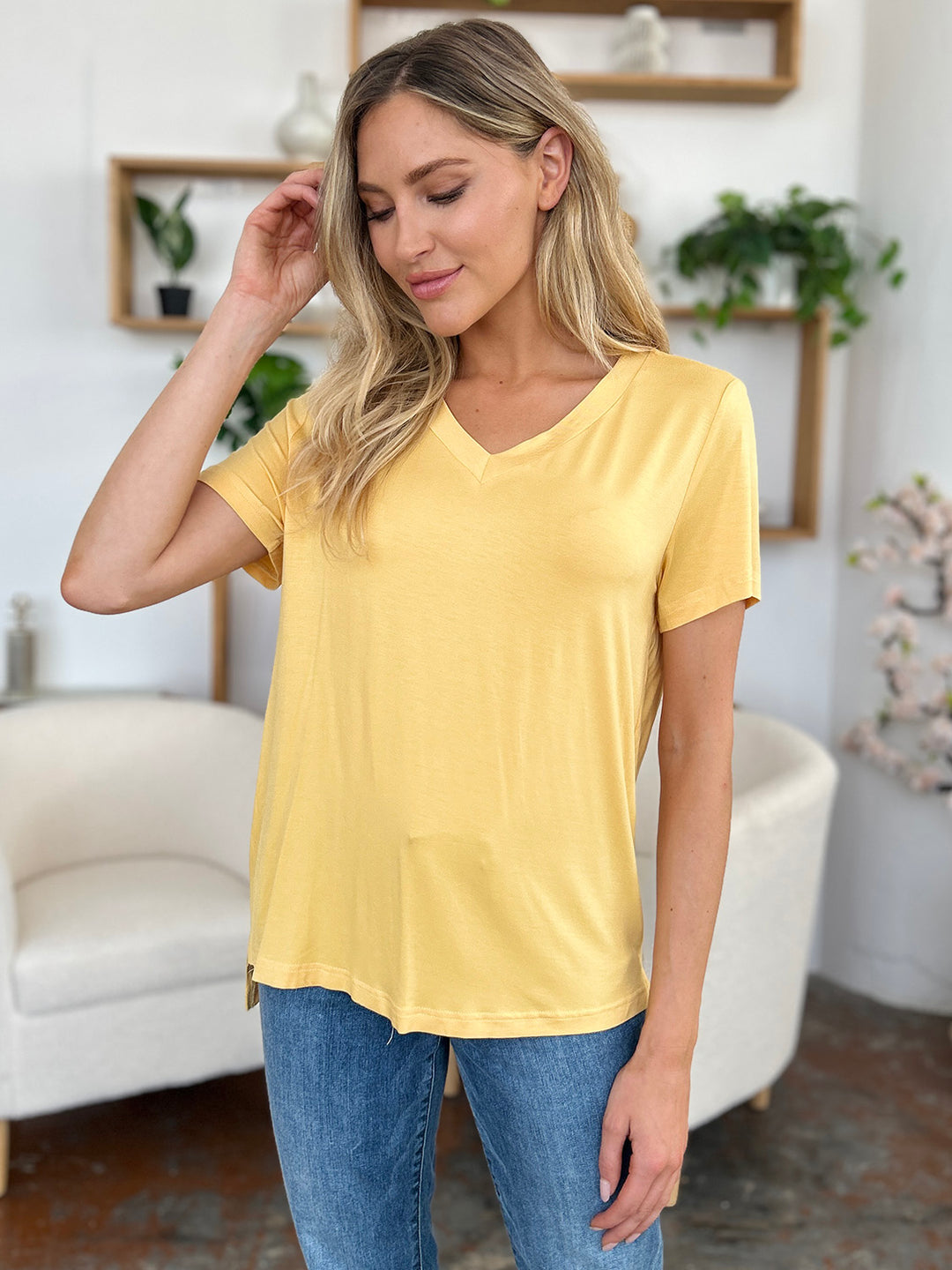 Bamboo Full Size V-Neck High-Low T-Shirt Tops