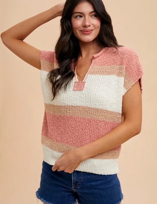 PEACH IVORY Annie Wear Low Gauge Color Block Textured Sweater Top | Sweaters Daverri Fashions